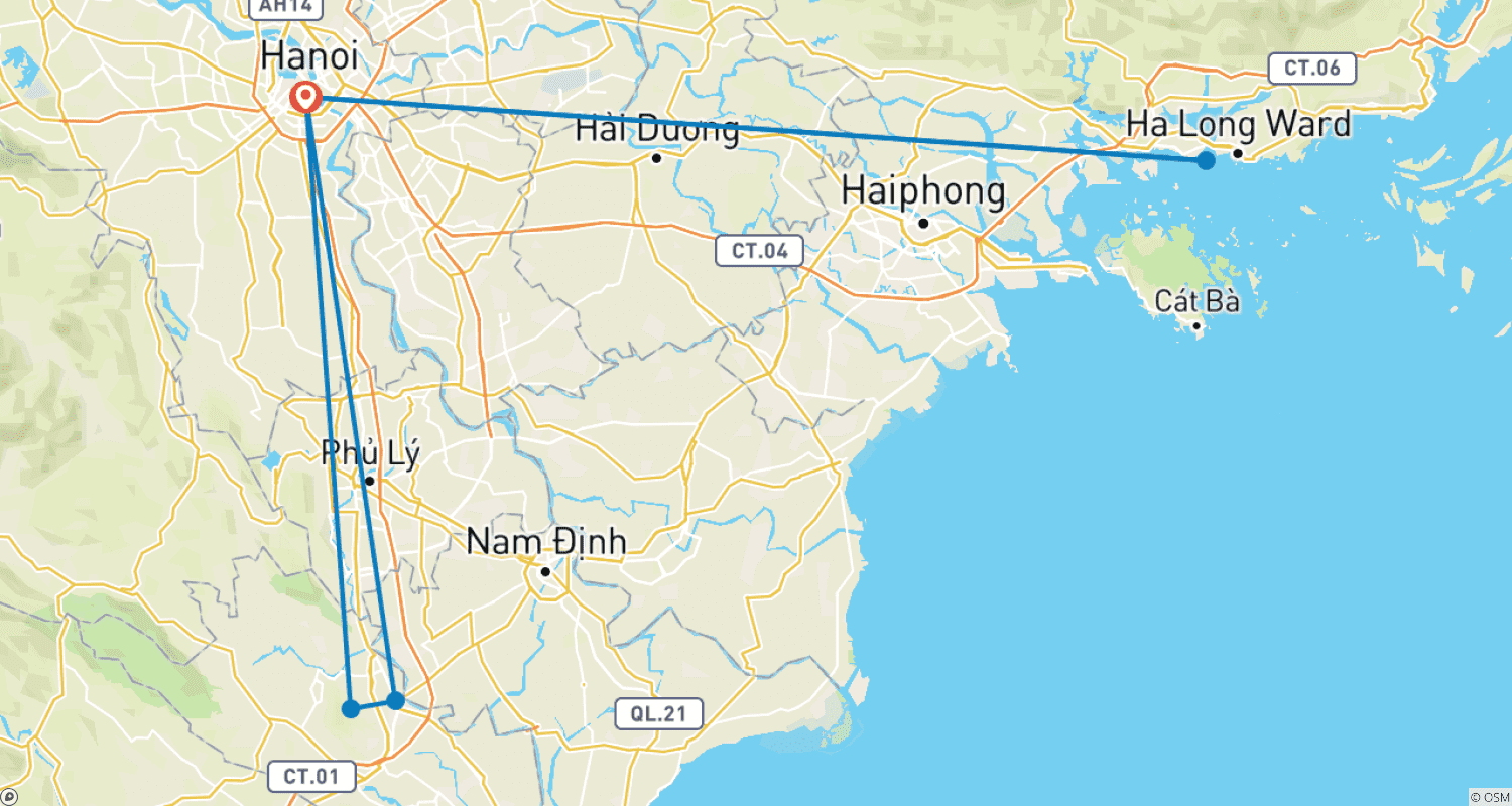 Mapa do percurso de Norte do Vietnã Hanói - Ninh Binh - Halong 5 dias