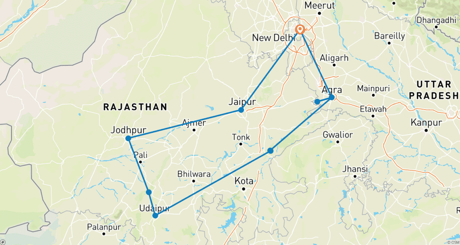Mapa do percurso de Rajastão Rústico com Taj Mahal e Vida Selvagem