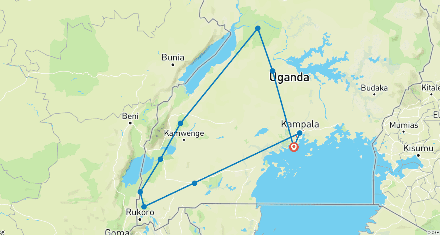 Mapa do percurso de 8 Dias de Férias de Safári de Gorilas de Luxo em Uganda