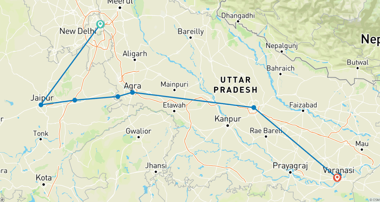 Mapa do percurso de Triângulo Dourado com Lucknow e Varanasi