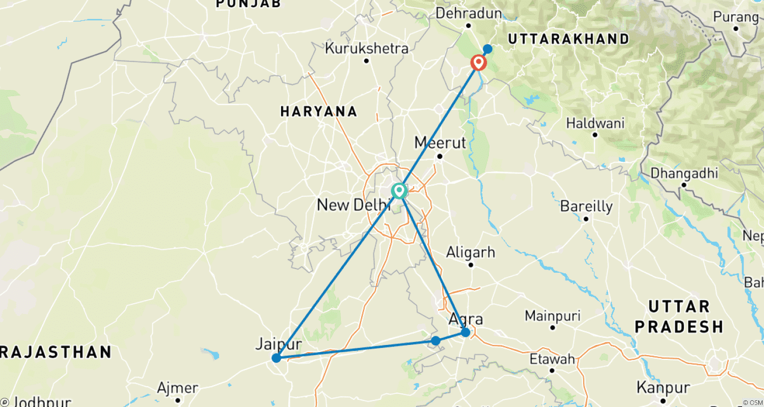 Golden Triangle With Haridwar And Rishikesh Ganga Tourのルートマップ