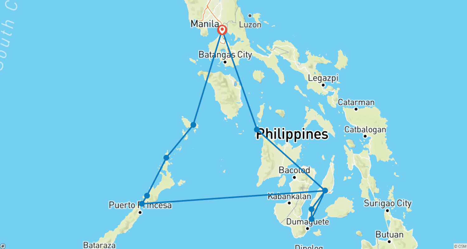 Mapa do percurso de 13 Dias Explorando as Filipinas com Boracay (Tour Independente)