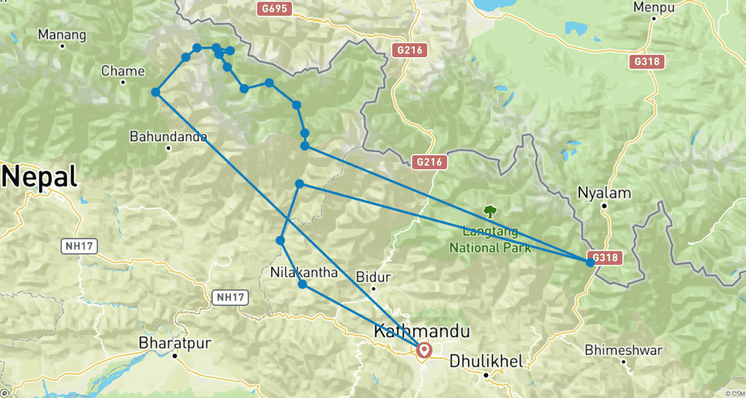 Mapa do percurso de Manaslu Circuit Trek