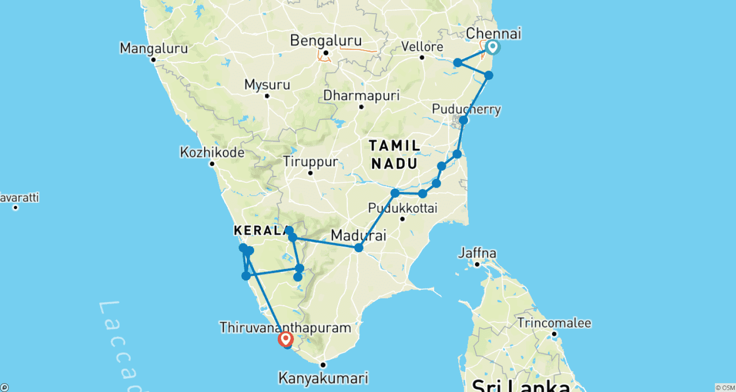 Mapa do percurso de Templos e Tour pelos Backwaters do Sul da Índia