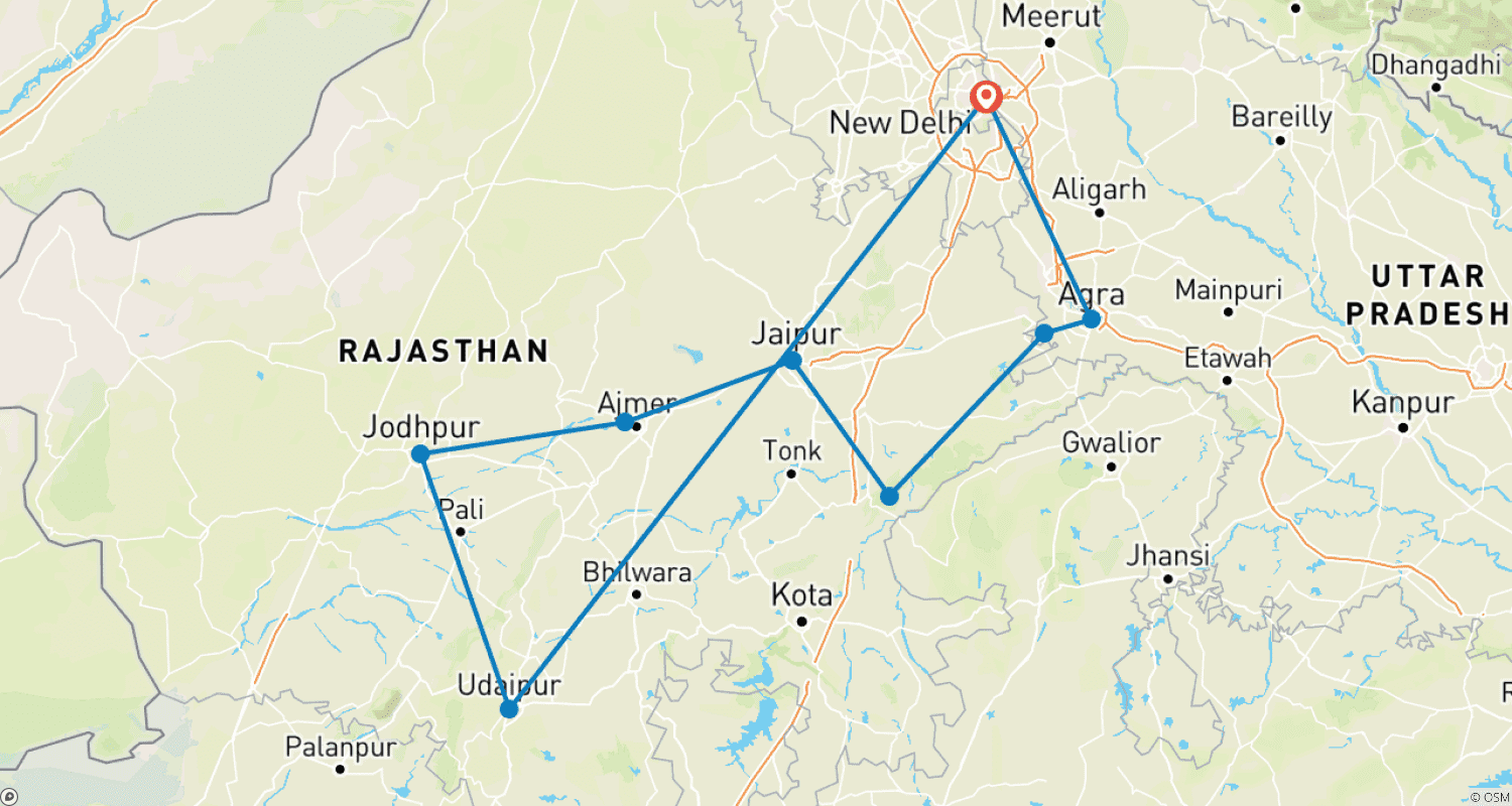 Mapa trasy: 11-dniowe safari tygrysie po Radżastanie i Ranthambore (prywatna wycieczka + loty w cenie)