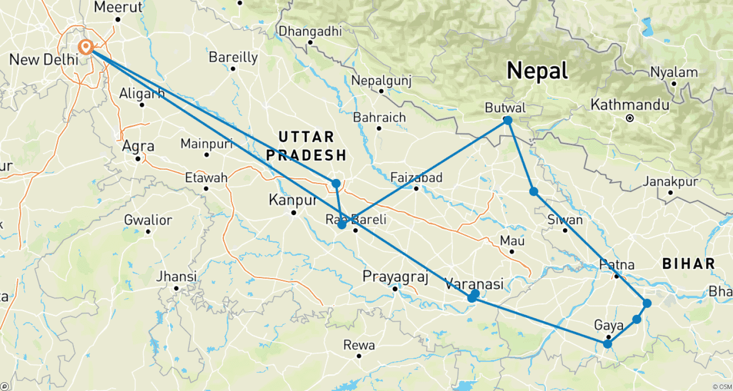 خريطة مسار Buddhist Tour India and Nepal - Journey of Buddha