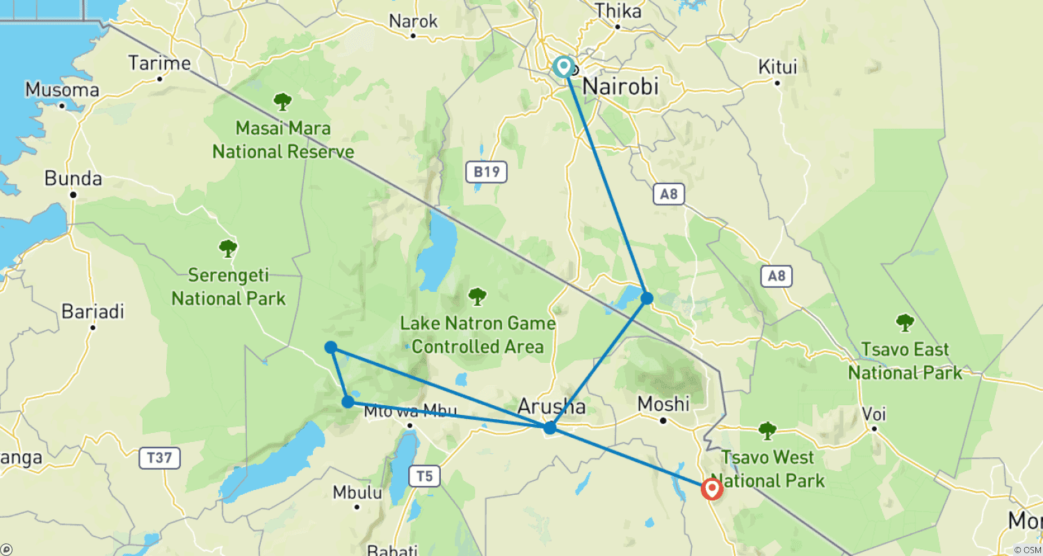 Mapa trasy: 5-dniowe Niezwykłe Safari Amboseli Ngorongoro