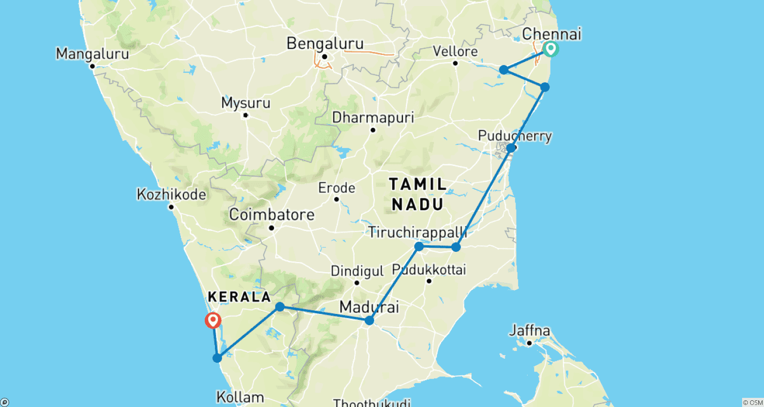 Mapa trasy: Wycieczka po świątyniach Południowych Indii z Keralą: Całkowicie Duchowe All Inclusive