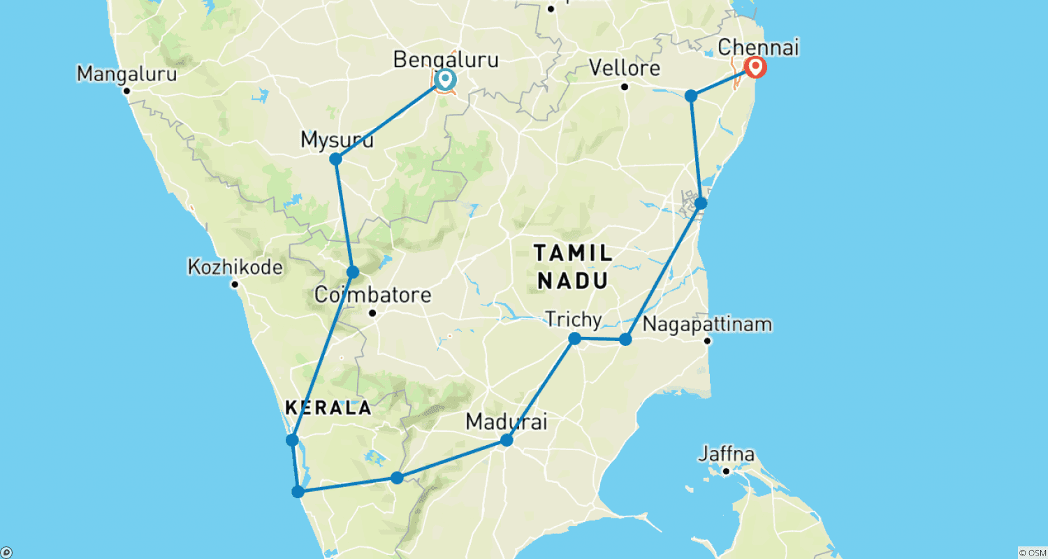 Mapa do percurso de Pacote Romântico por Karnataka com Kerala e Acomodação em Hotel