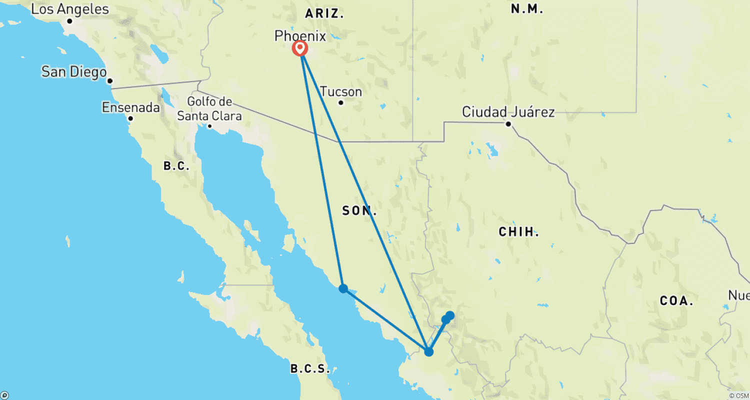 Mapa do percurso de Excursão em Grupo Acompanhada: Fênix, Arizona e Passeio de Trem pelo Cânion do Cobre, México