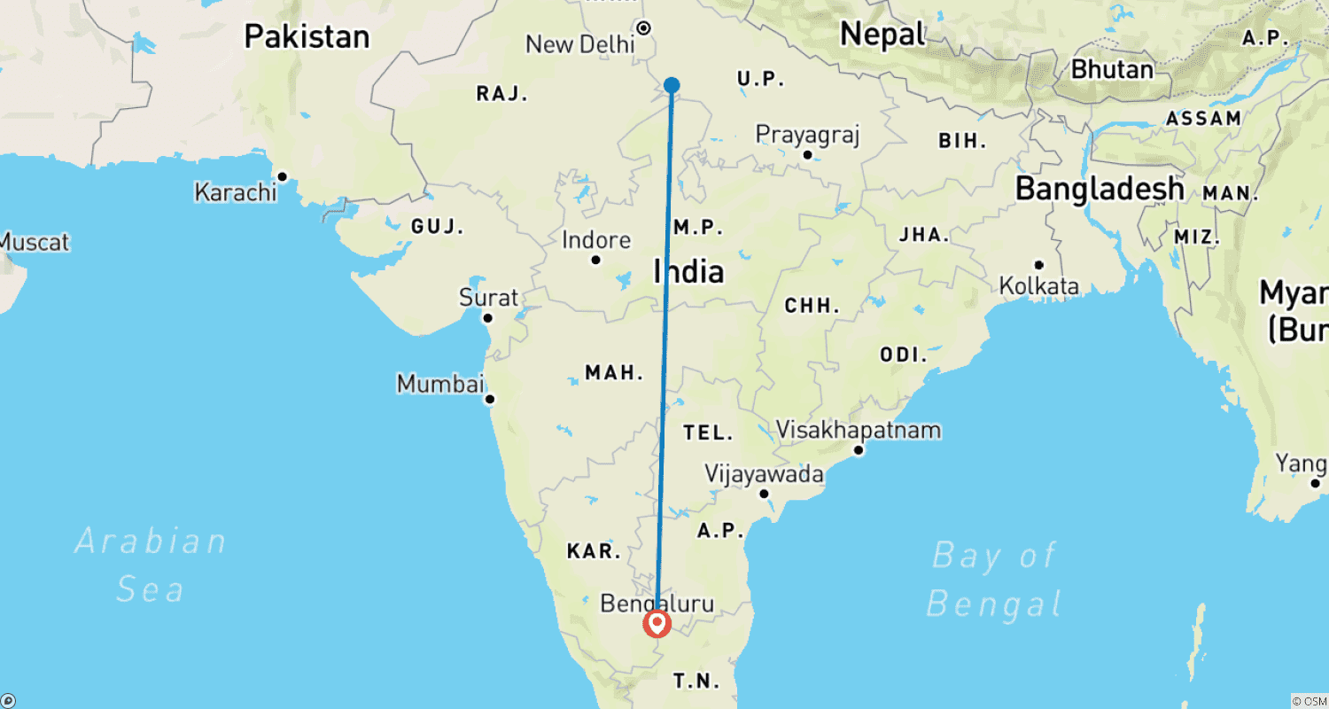 Mapa do percurso de Viagem Privada de 2 Dias ao Nascer do Sol no Taj Mahal saindo de Bangalore: Hotéis de Luxo, Voos e Ingressos Sem Fila