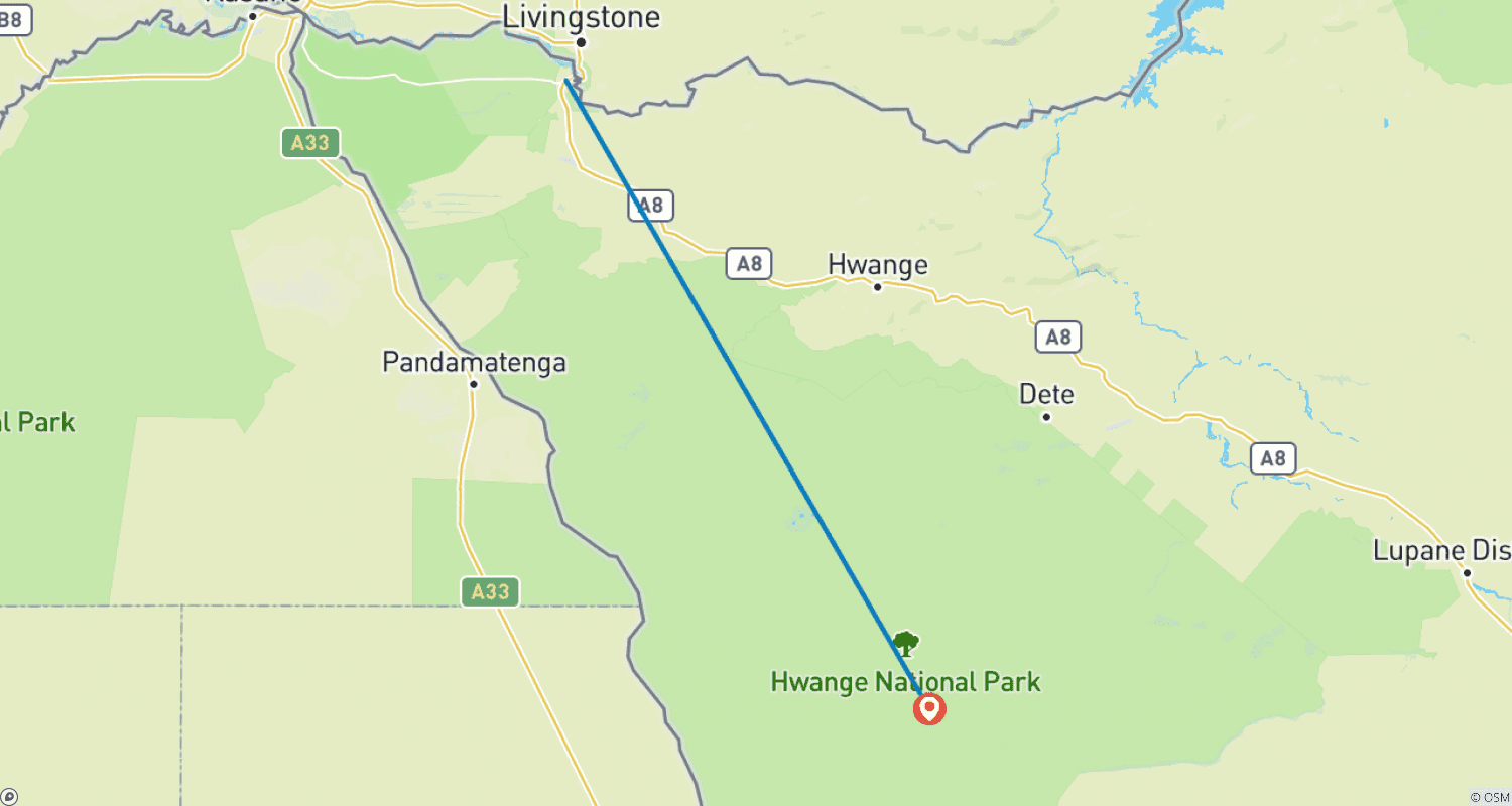 Mapa do percurso de Cataratas Vitória e Safári em Hwange