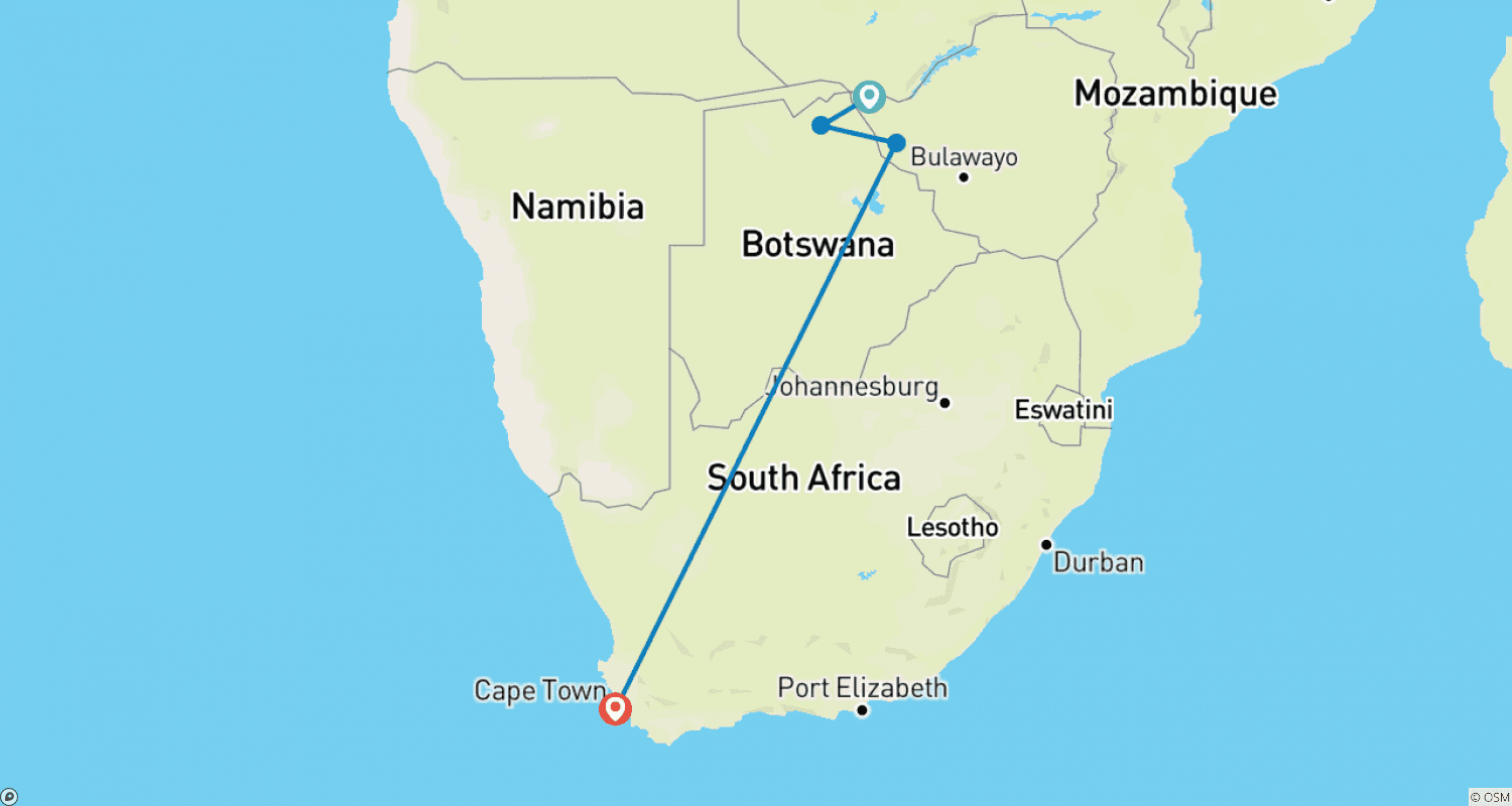 Mapa do percurso de Cidade do Cabo, Cataratas Vitória, Chobe e Parque Nacional Hwange