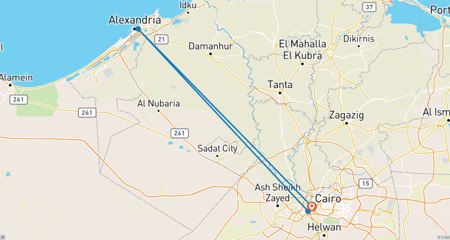 خريطة مسار جولة مصر الكلاسيكية - 4 أيام جولات سياحية بصحبة مرشد في القاهرة والجيزة والإسكندرية