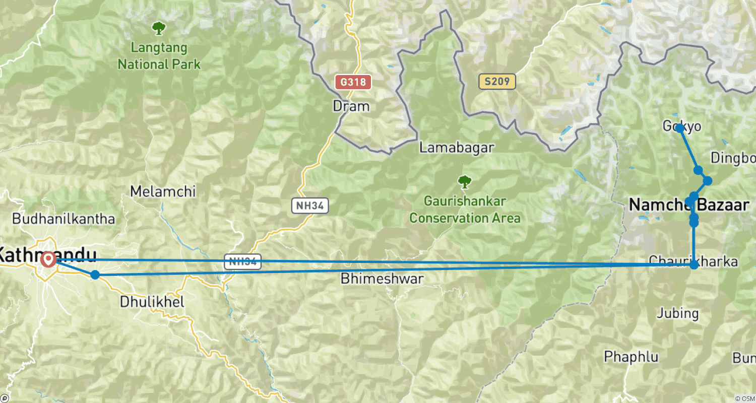 Mapa do percurso de Caminhadas ao Lago Gokyo: 11 Dias