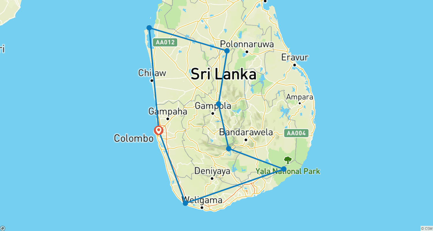 Mapa do percurso de Lua de mel na ilha paradisíaca, Sri Lanka