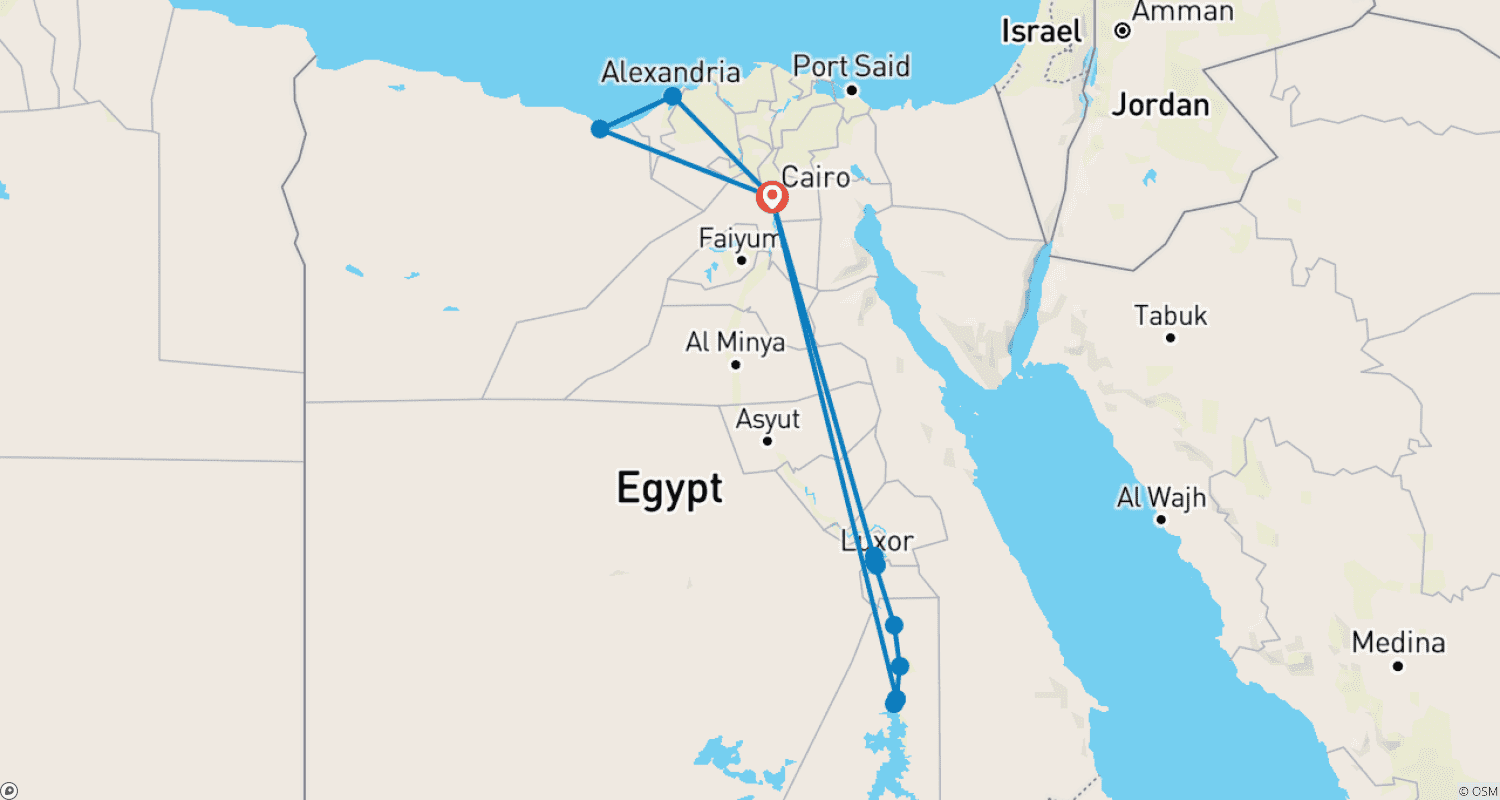 خريطة مسار رحلة 12 يومًا إلى القاهرة والإسكندرية ونيل كروز بالطيران (تشمل كوم أمبو) (زيارة متحف GEM)