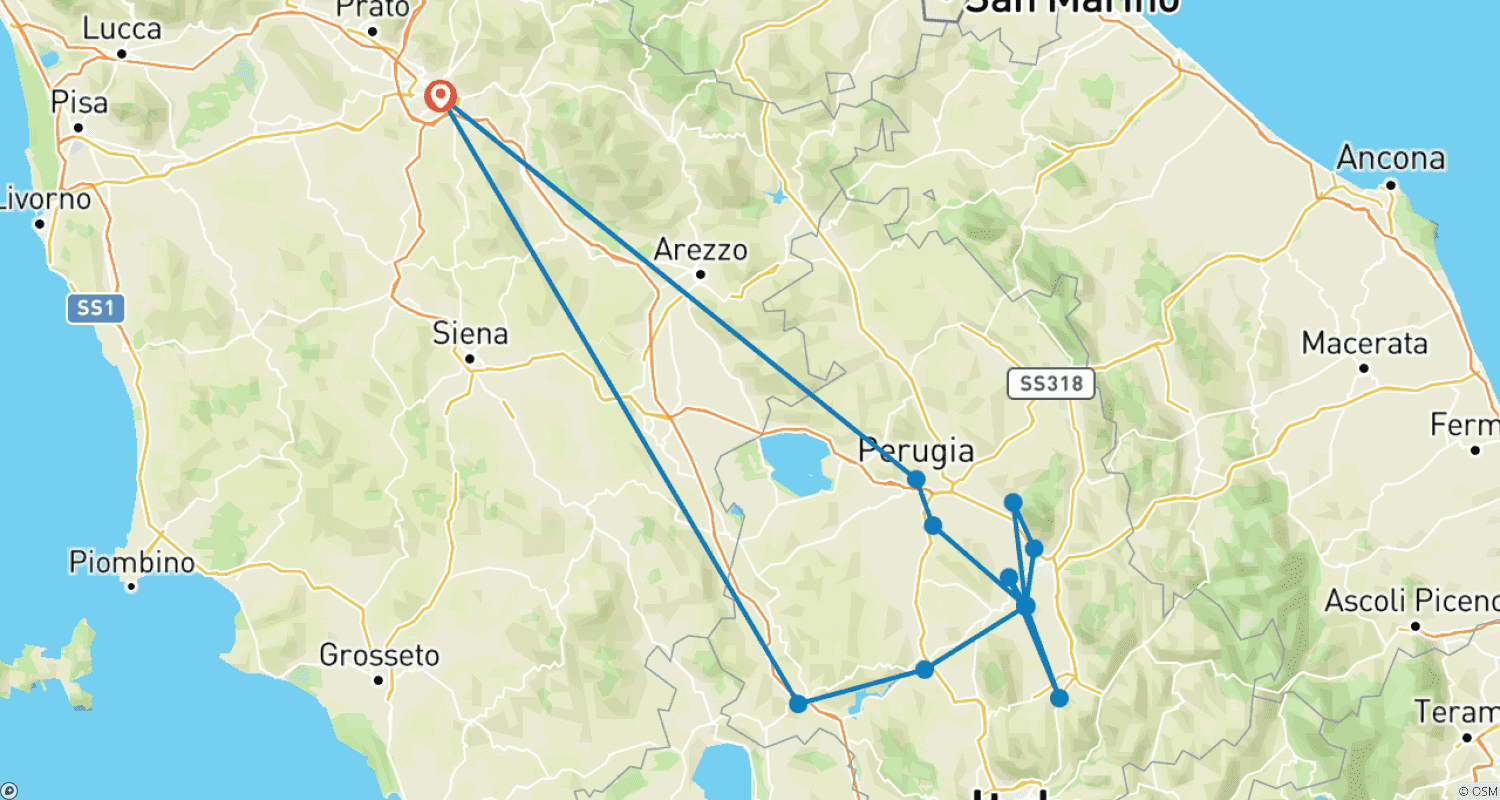 Mapa do percurso de Experiência Privada: O Melhor da Úmbria Através da História, Sabores e Relaxamento