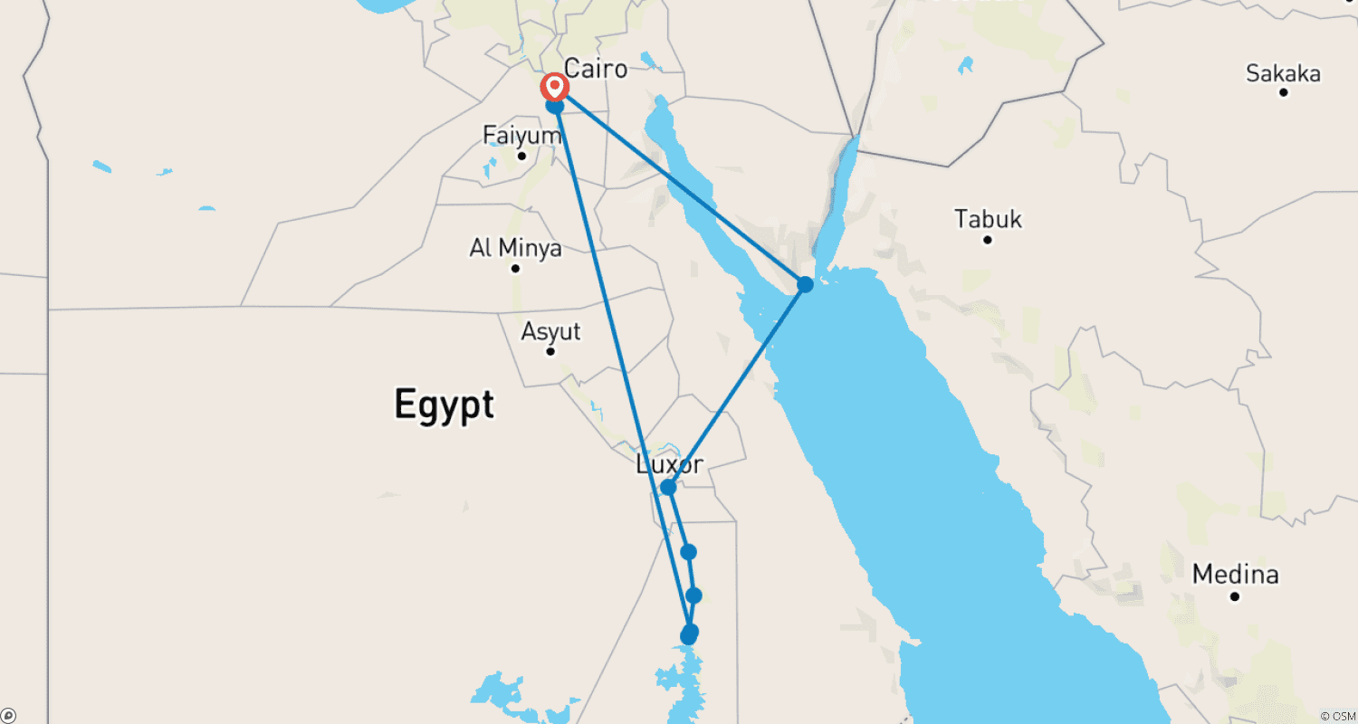 خريطة مسار 12 يومًا القاهرة، شرم الشيخ ورحلة نيلية بقطار النوم (9 وجهات) (زيارة متحف GEM)