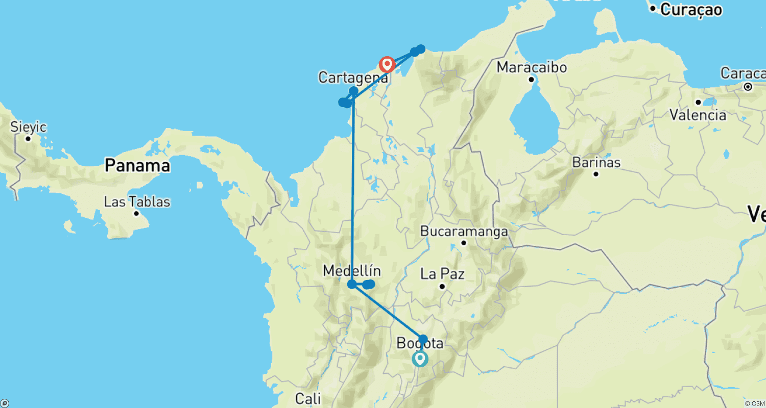 Mapa do percurso de Colômbia Colonial - 11 Dias