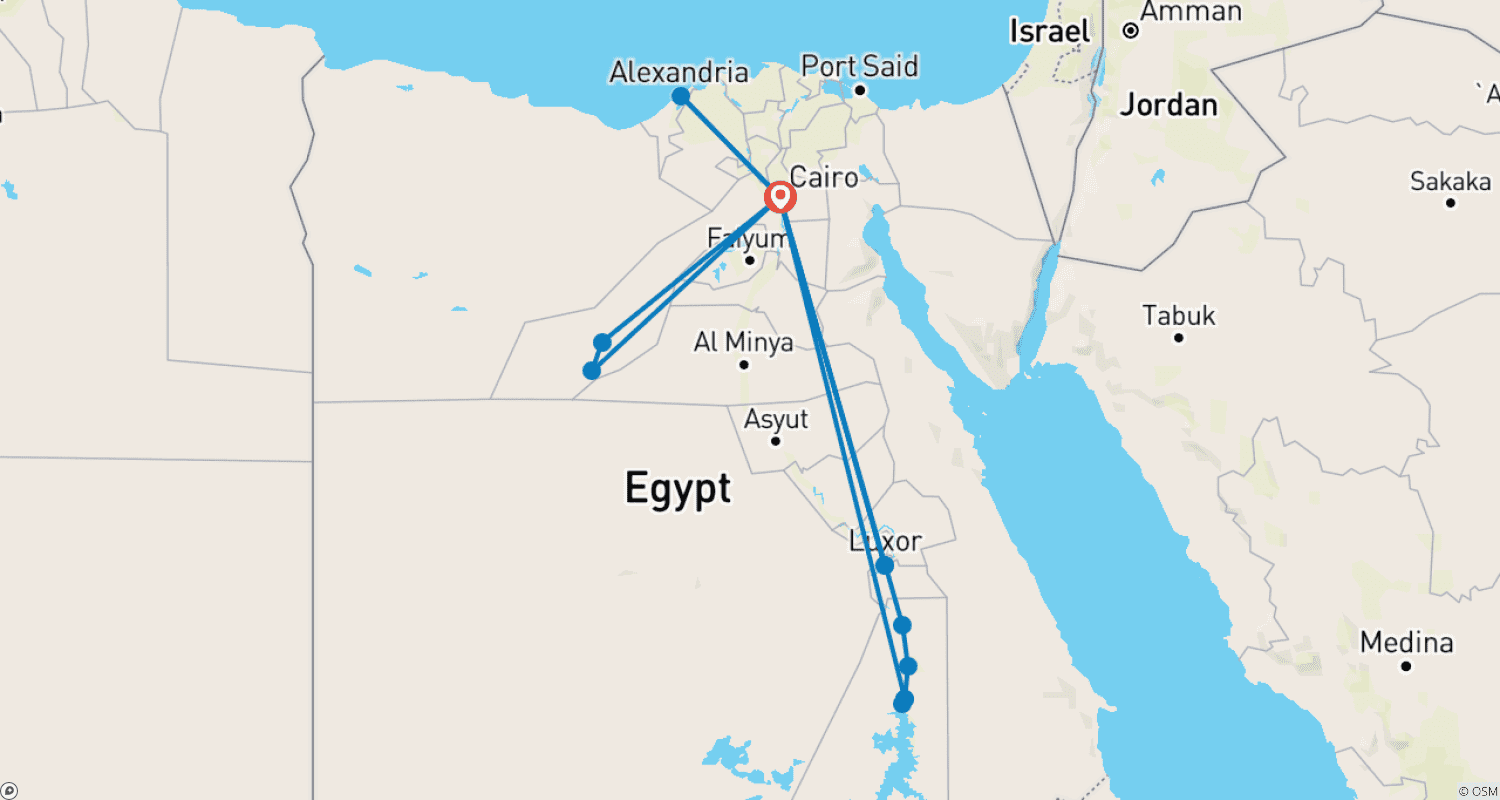 خريطة مسار 12 يومًا القاهرة، الإسكندرية، رحلة نيلية وواحة الواحات البحرية (زيارة متحف GEM)