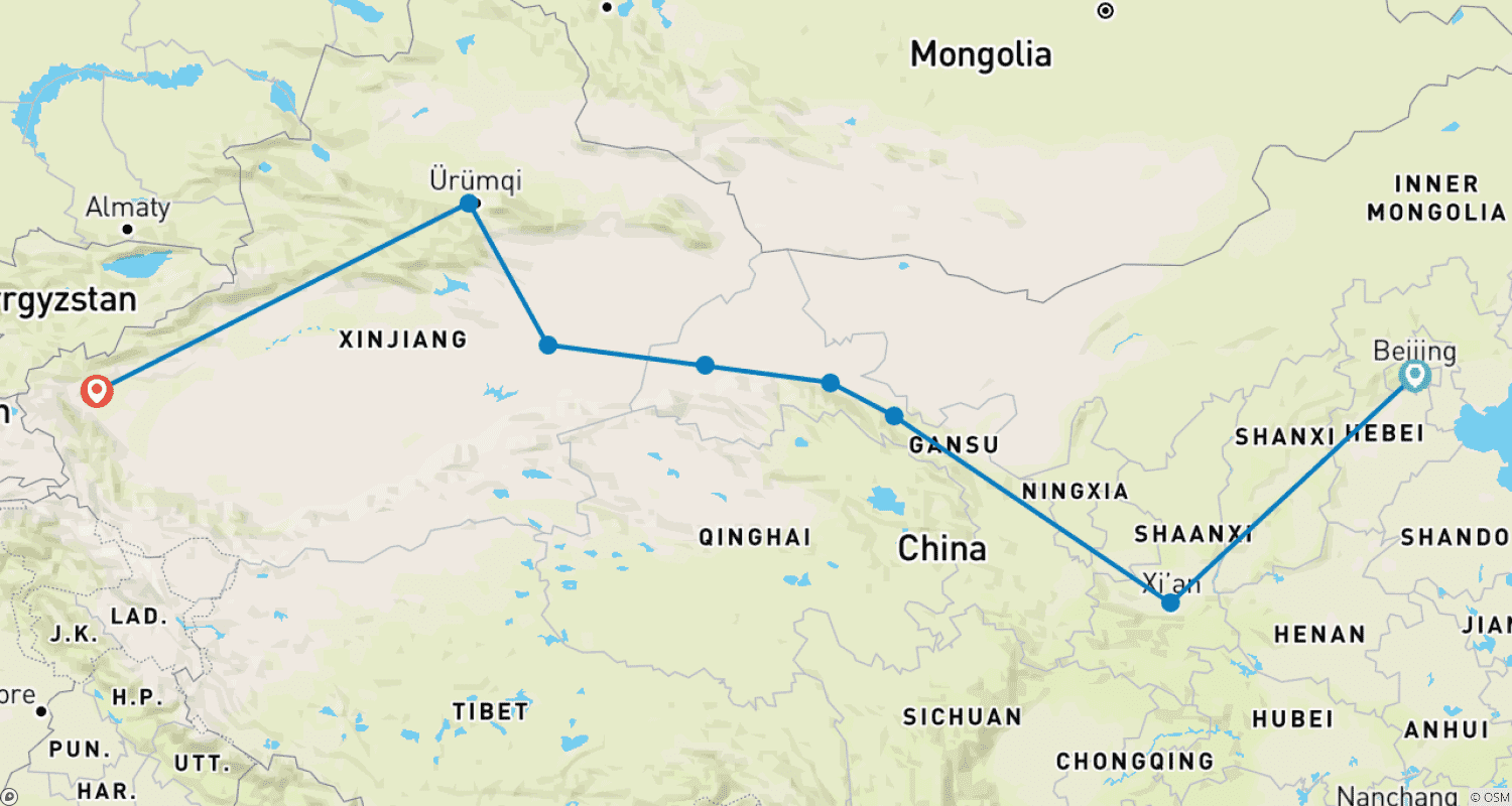 خريطة مسار طريق الحرير الصيني الأساسي 12 يومًا: Xian, Zhangye, Jiayuguan, Dunhuang, Turpan, Kashgar