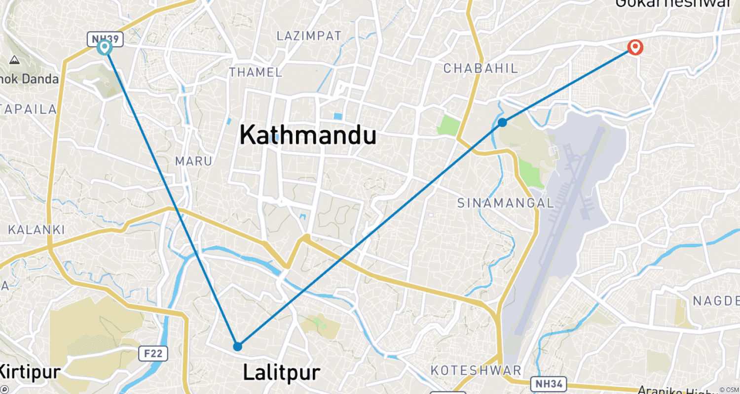 Mapa do percurso de Passeio pela Cidade de Kathmandu – 4 a 6 Horas