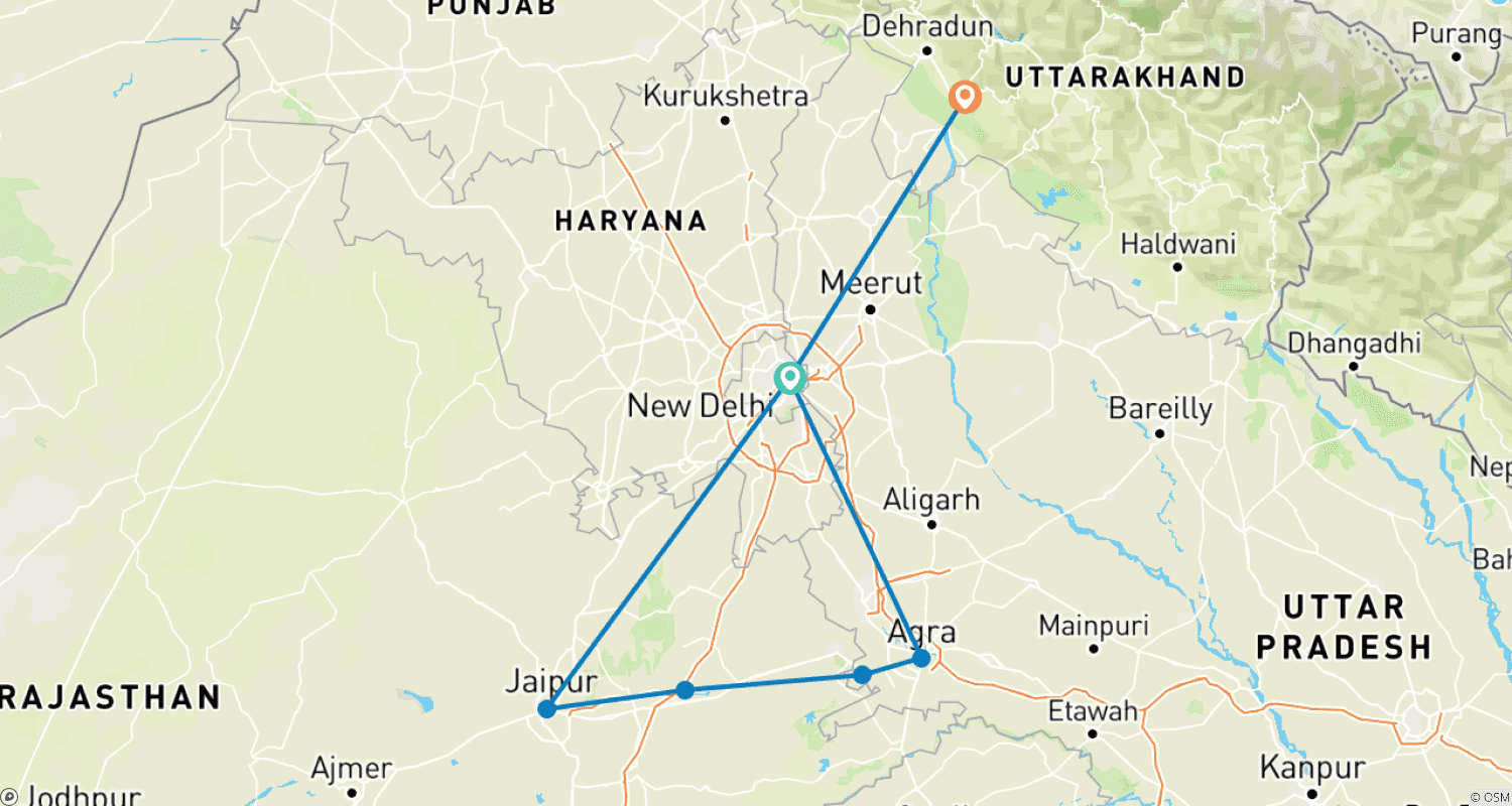 Mapa do percurso de Palácios de Yoga e Taj Mahal (Triângulo Dourado com Diferença)