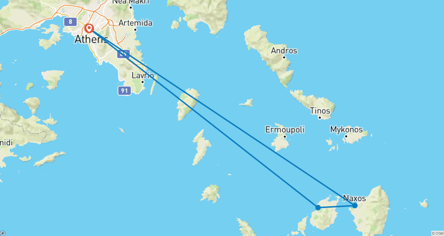 Mapa do percurso de Passeio entre Ilhas na Grécia: Atenas-Paros-Naxos (Autoguiado)