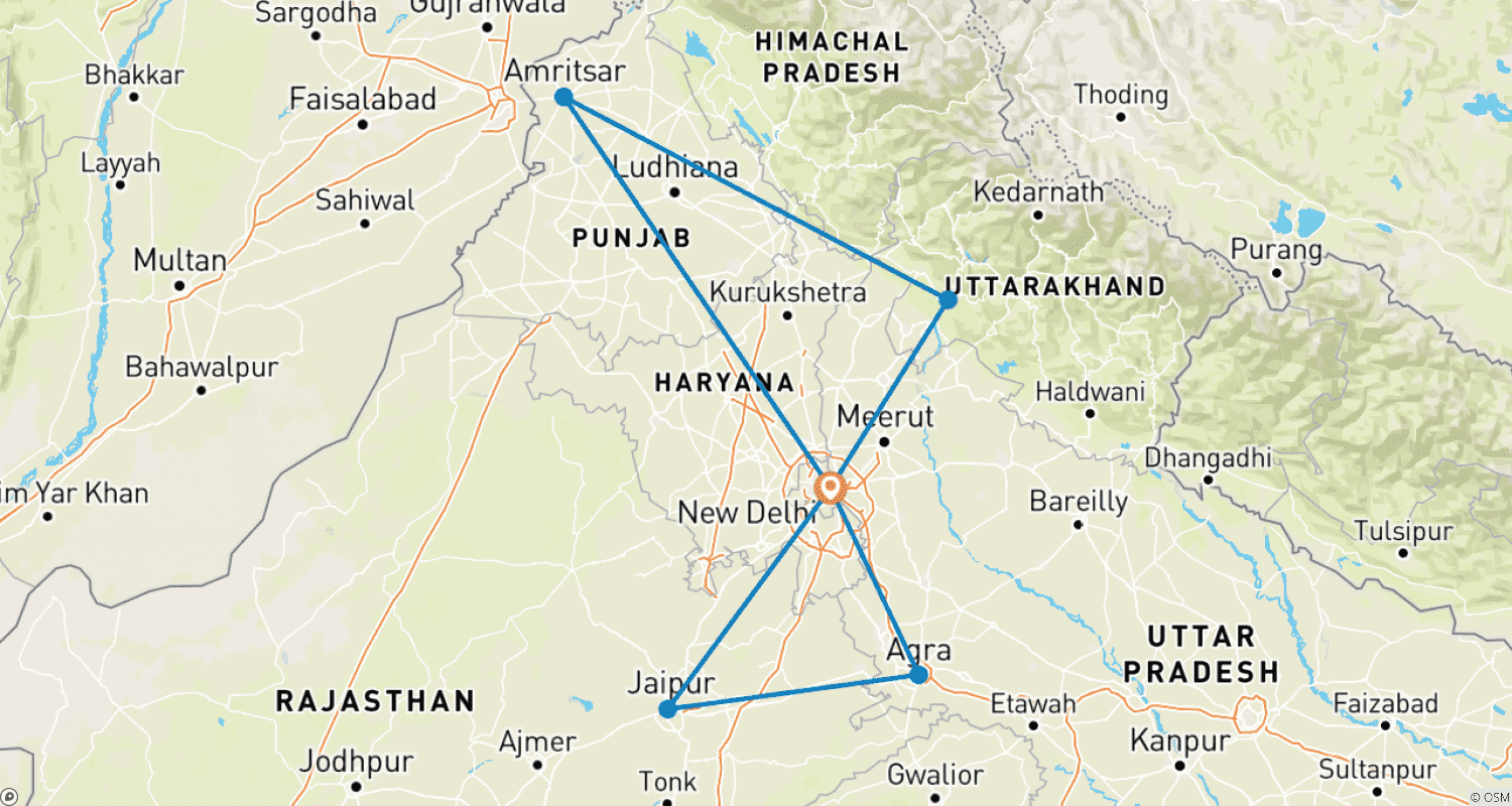 Mapa do percurso de Tour Privado de Luxo de 10 Dias pelo Triângulo Dourado com Amritsar e Rishikesh