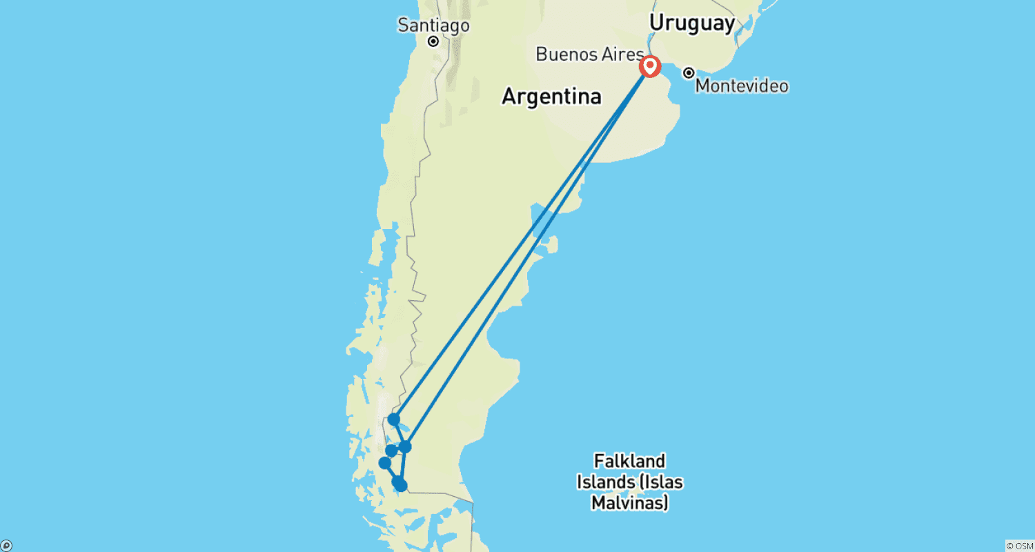 Mapa do percurso de Geleiras e Trekking na Patagônia e Visão Geral de Buenos Aires