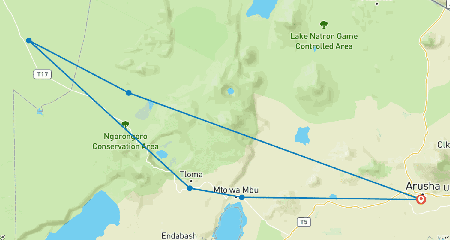 Mapa do percurso de Descubra os Melhores Pacotes de Safari de 3 Dias na Tanzânia a Partir de Zanzibar