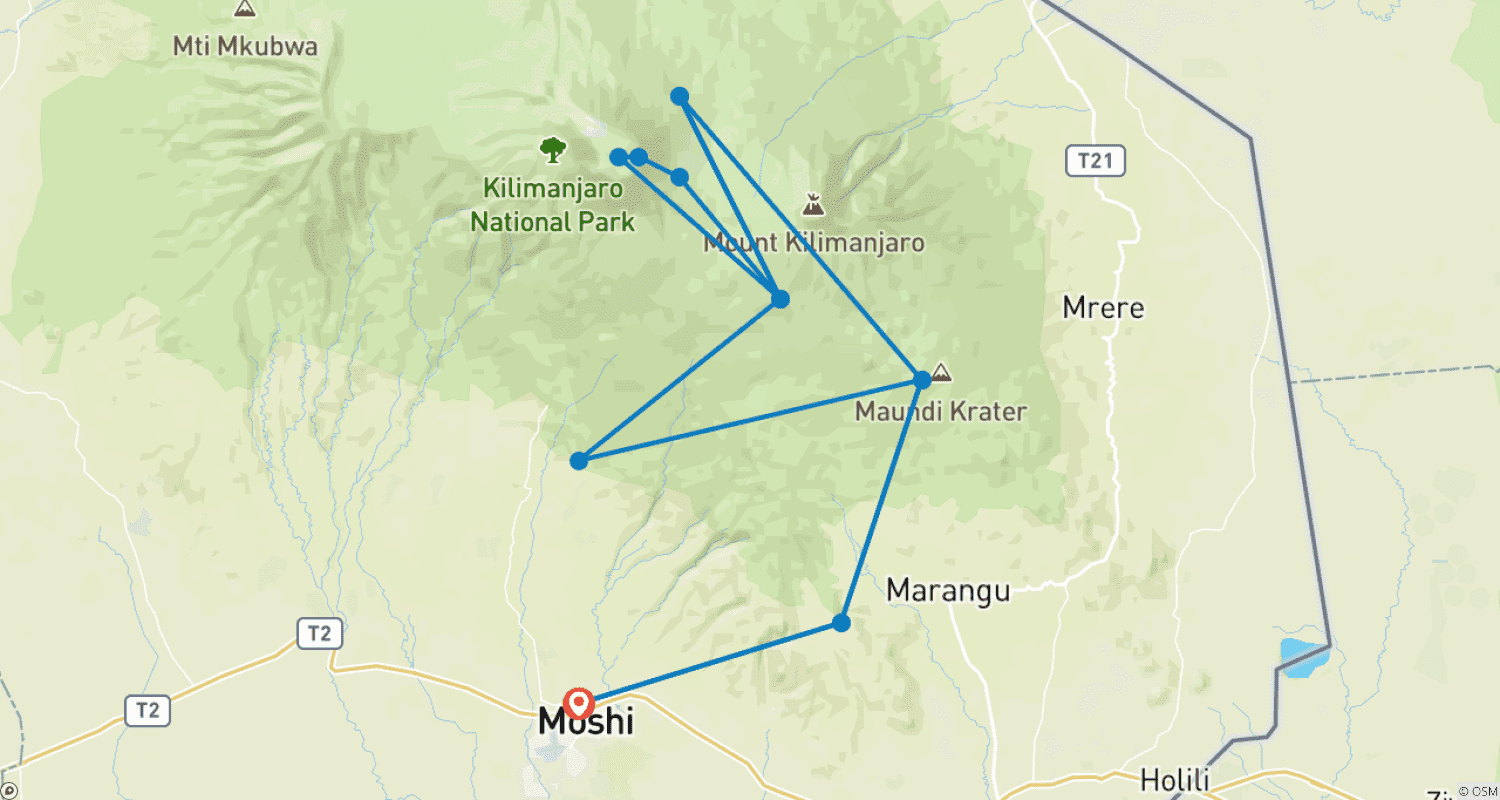 Mapa do percurso de A Melhor Rota Marangu de 6 Dias – Suba a Trilha Mais Confortável do Monte Kilimanjaro