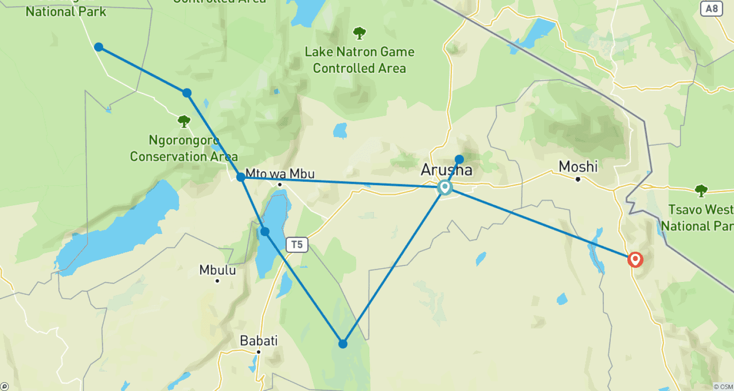 Mapa do percurso de Safári Familiar de 9 Dias na Tanzânia