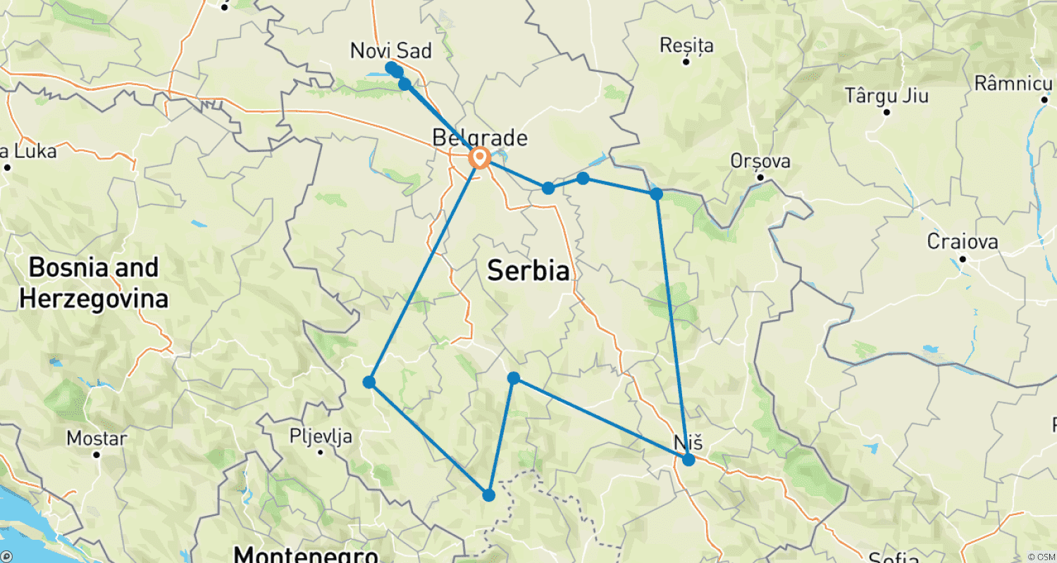 Mapa do percurso de Descubra a Sérvia 10 Dias / 9 Noites