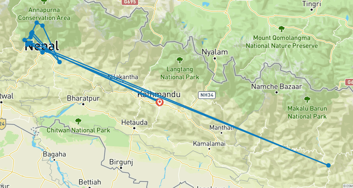 خريطة مسار 12 Days Annapurna Base Camp (ABC) Trekking