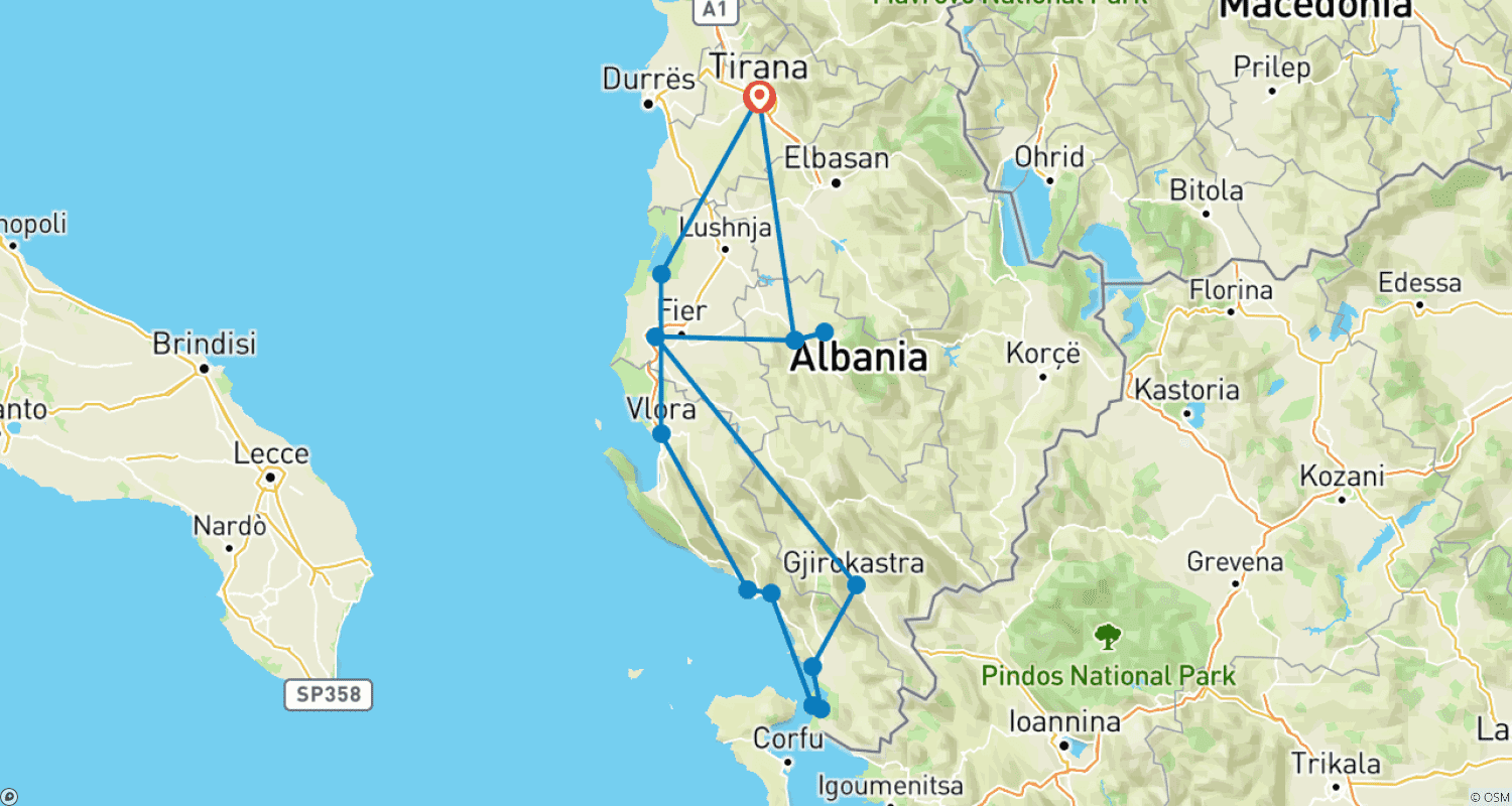 Route map for Albanian Highlights|6-Day Private Tour Across Albania