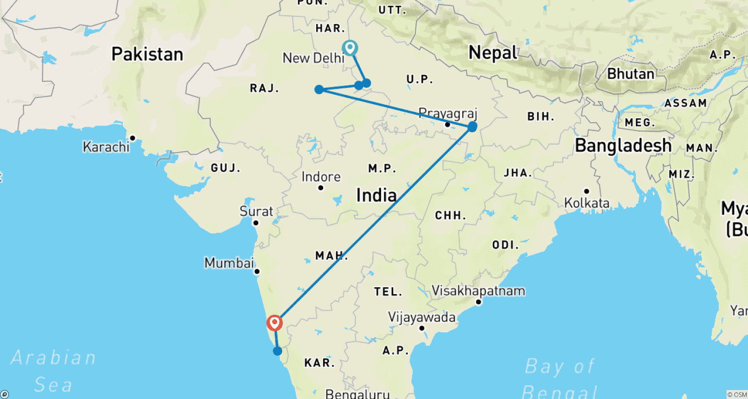 Mapa trasy: Wycieczka po północnych Indiach z Goa
