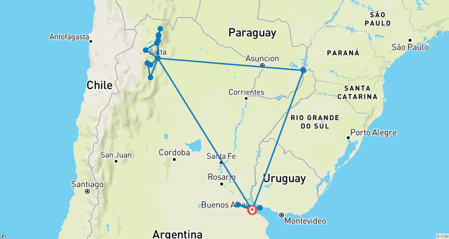 Mapa do percurso de Buenos Aires, Cataratas do Iguaçu e Autotour no Noroeste da Argentina