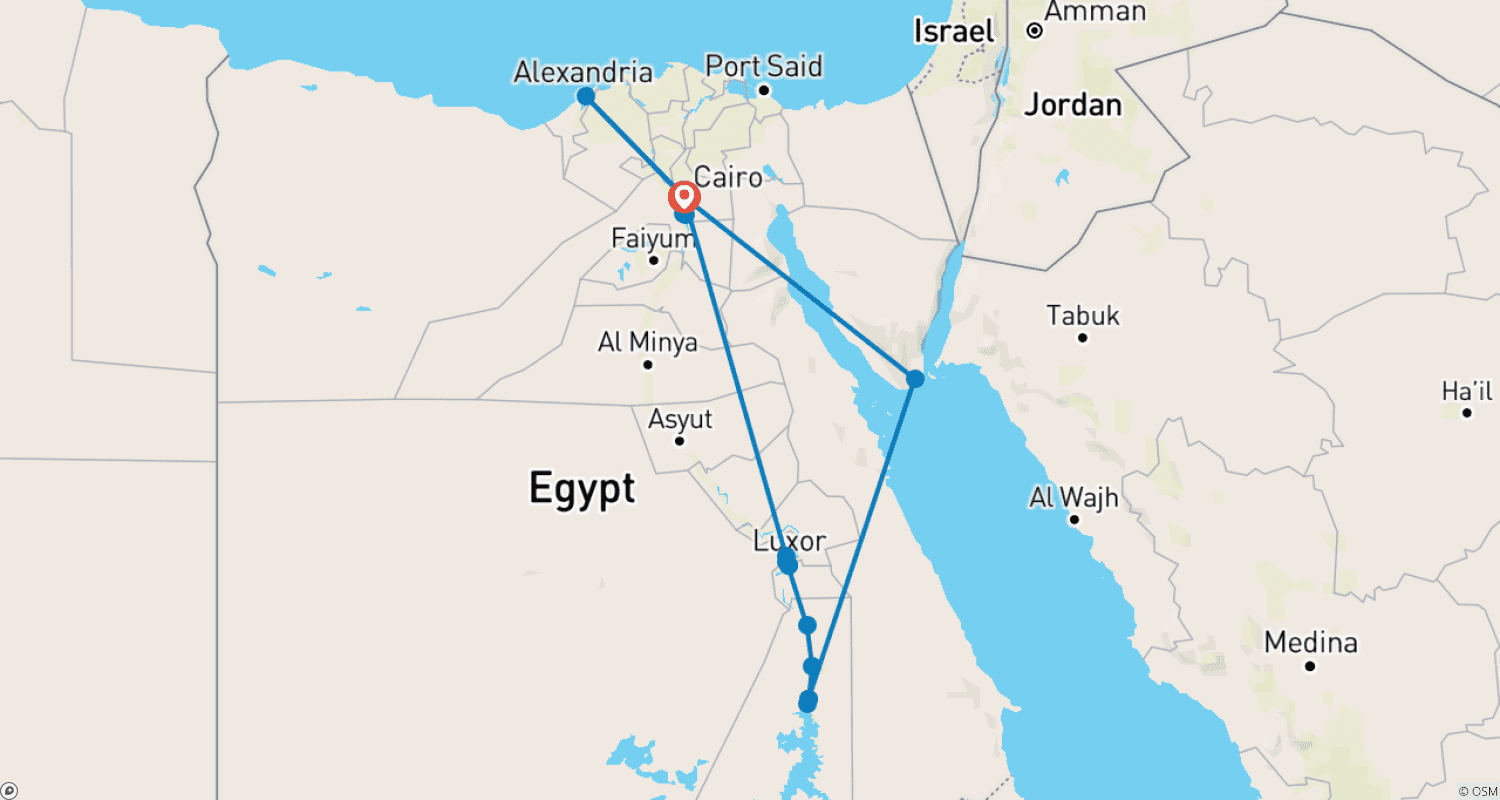 خريطة مسار 16 Days Cairo, Alexandria, Nile Cruise & Sharm El Sheikh (12 destinations) (GEM Museum Visit)
