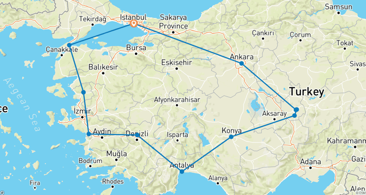 Mapa do percurso de 11 Dias, Sete Maravilhas da Turquia: Tour Privado de Istambul