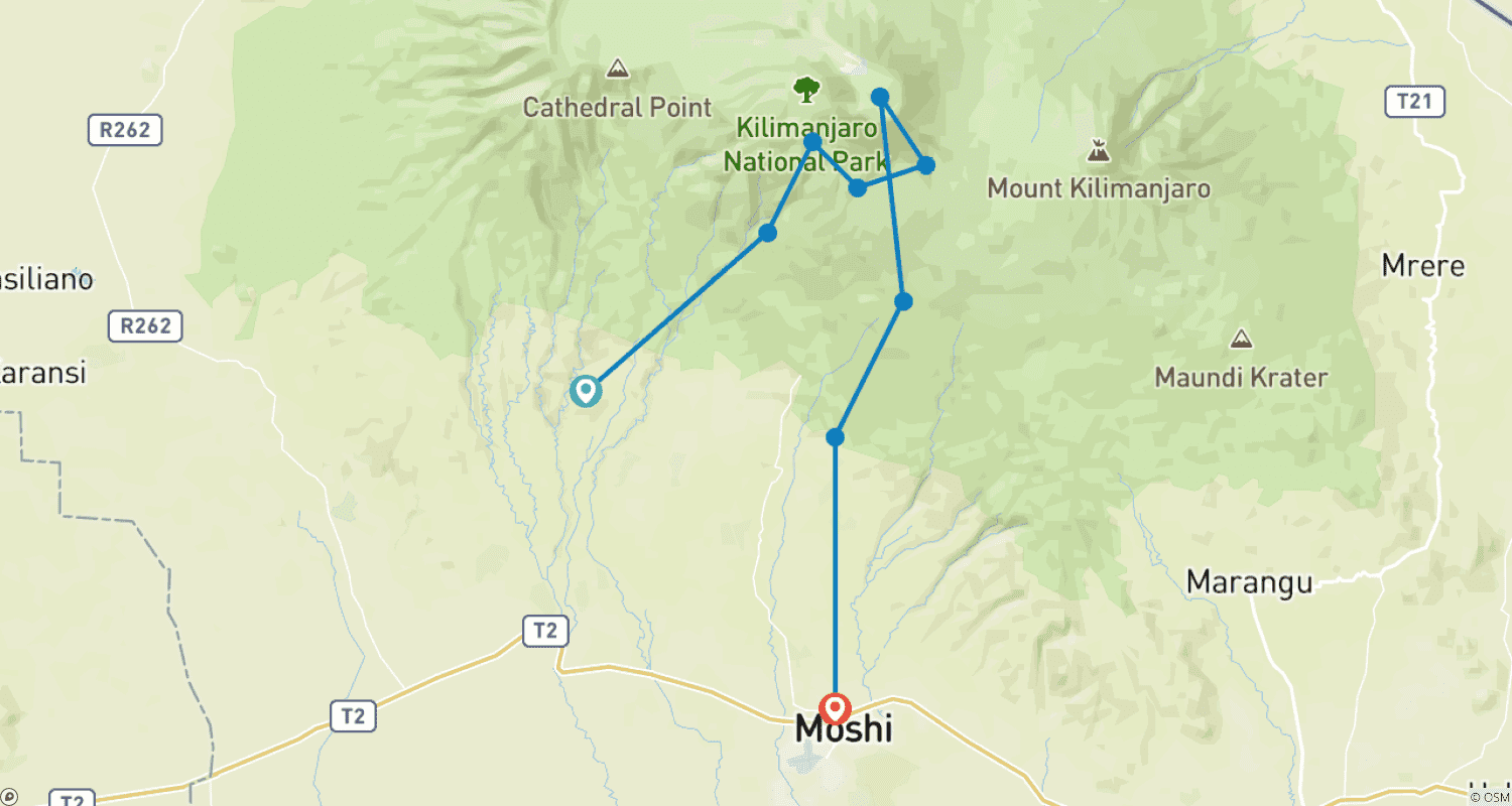 Mapa do percurso de Subida ao Kilimanjaro Rota Umbwe 6 dias