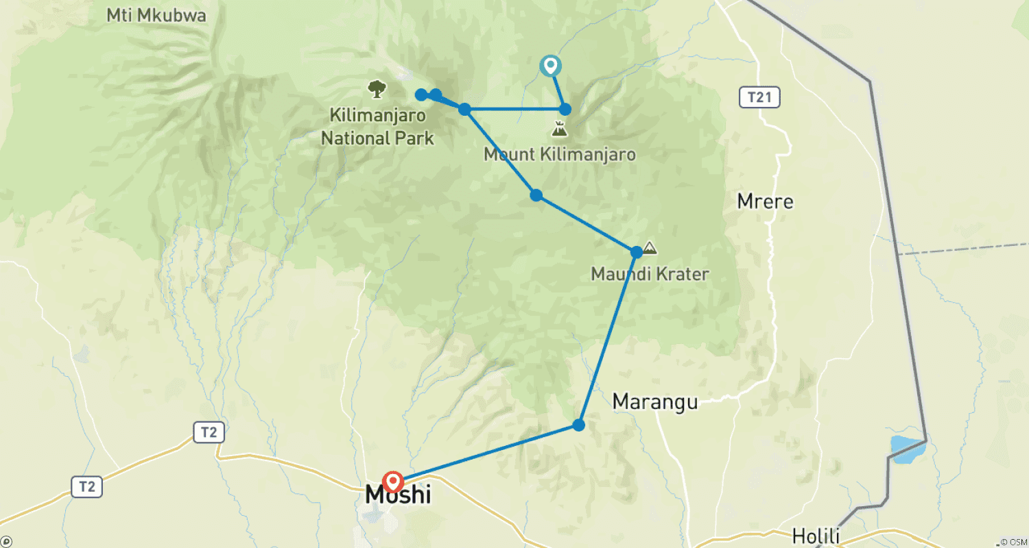 Mapa do percurso de Subida ao Kilimanjaro Rota Rongai 7 dias