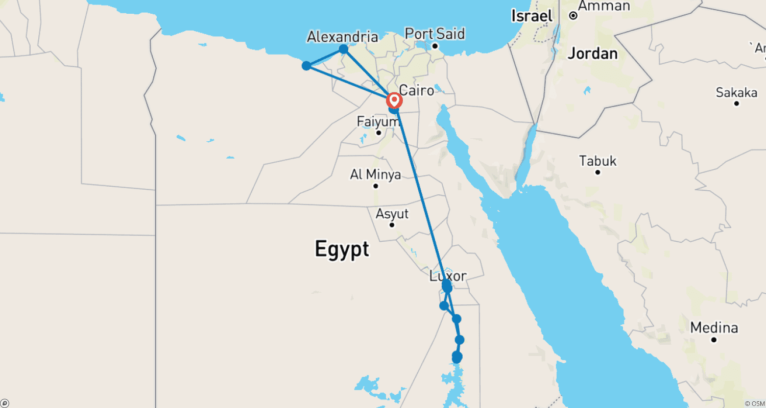 خريطة مسار رحلة لمدة 18 يومًا إلى القاهرة والإسكندرية ونيل كروز بالطيران (زيارة متحف GEM)