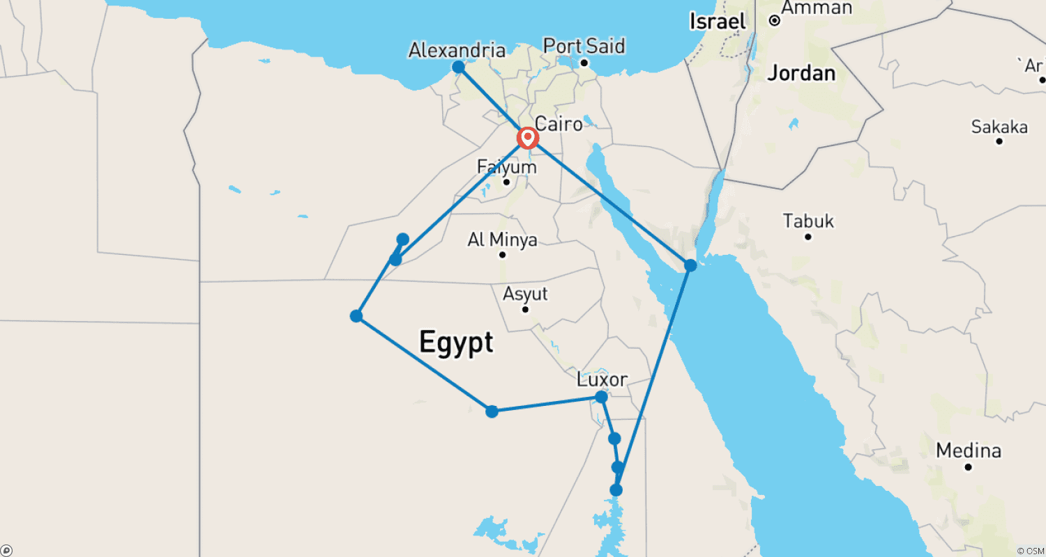 Mapa do percurso de 20 Dias Cairo, Safari no Deserto para Luxor, Cruzeiro no Nilo, Sharm El Sheikh e Alexandria (Visita ao Museu GEM)