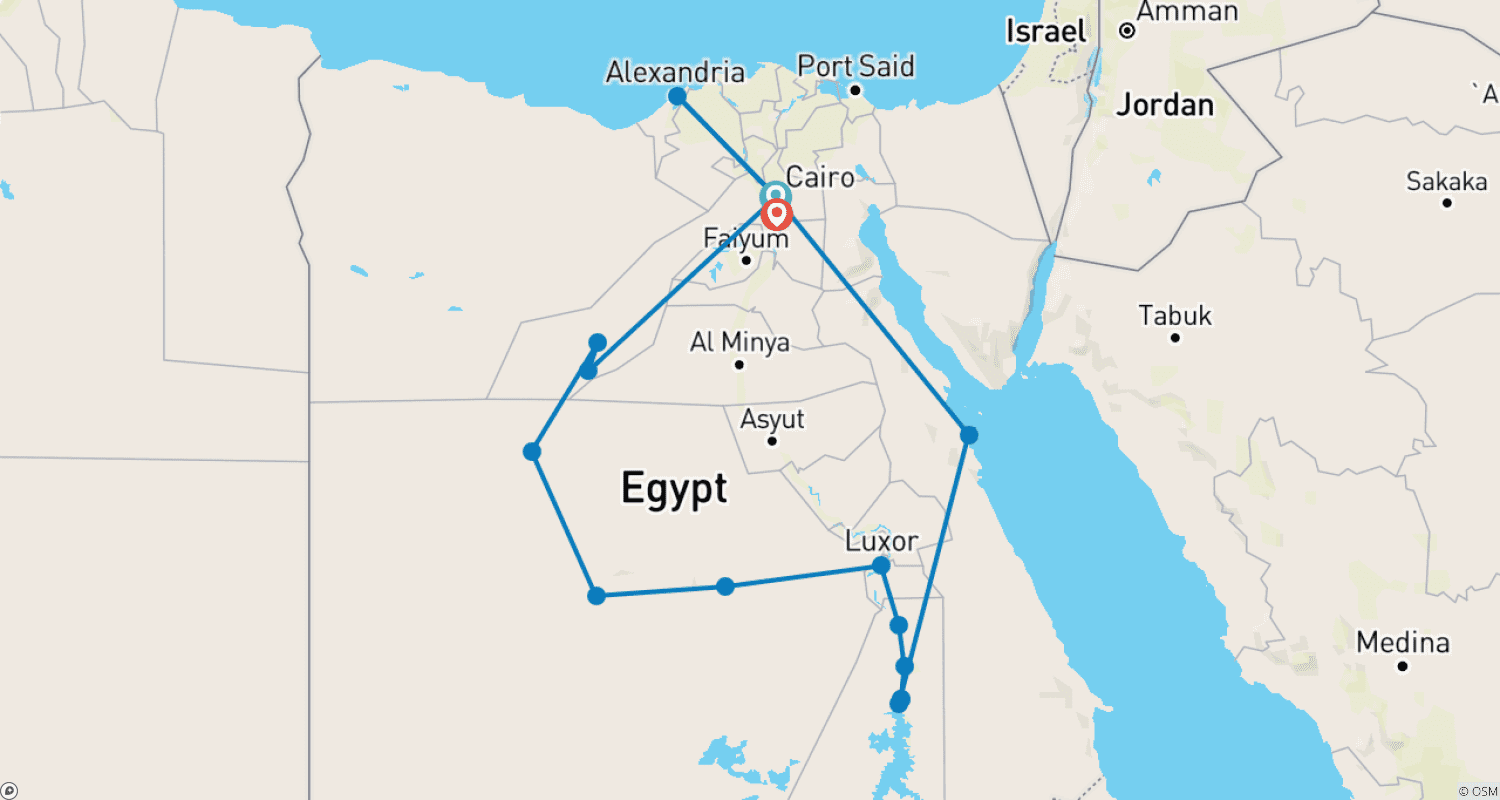 خريطة مسار 20 يومًا: القاهرة، سفاري الصحراء إلى الأقصر، رحلة نيلية، الغردقة والإسكندرية (زيارة متحف GEM)