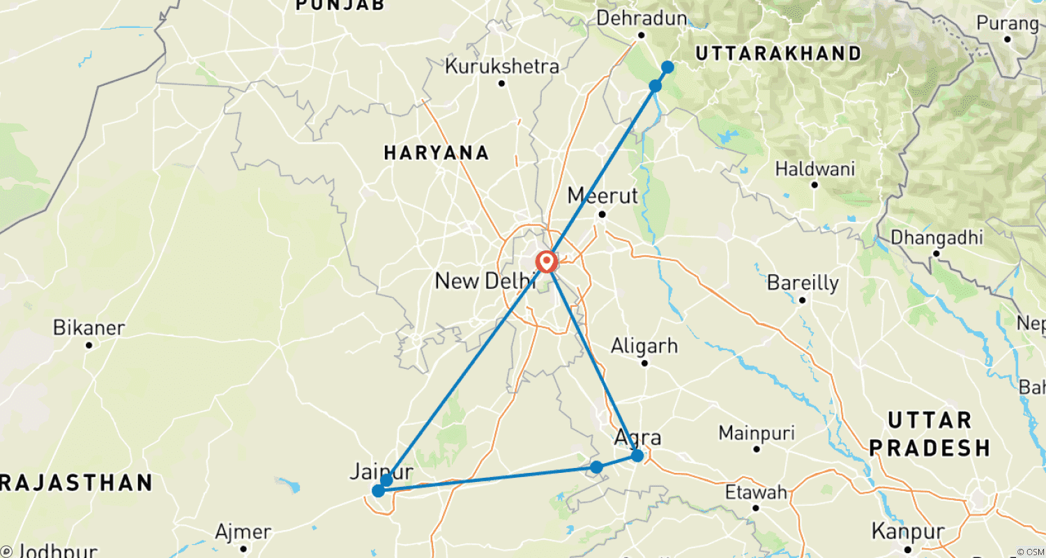 Mapa do percurso de Triângulo Dourado e Ganges a partir de Delhi: Excursão por Delhi, Agra, Jaipur, Haridwar e Rishikesh