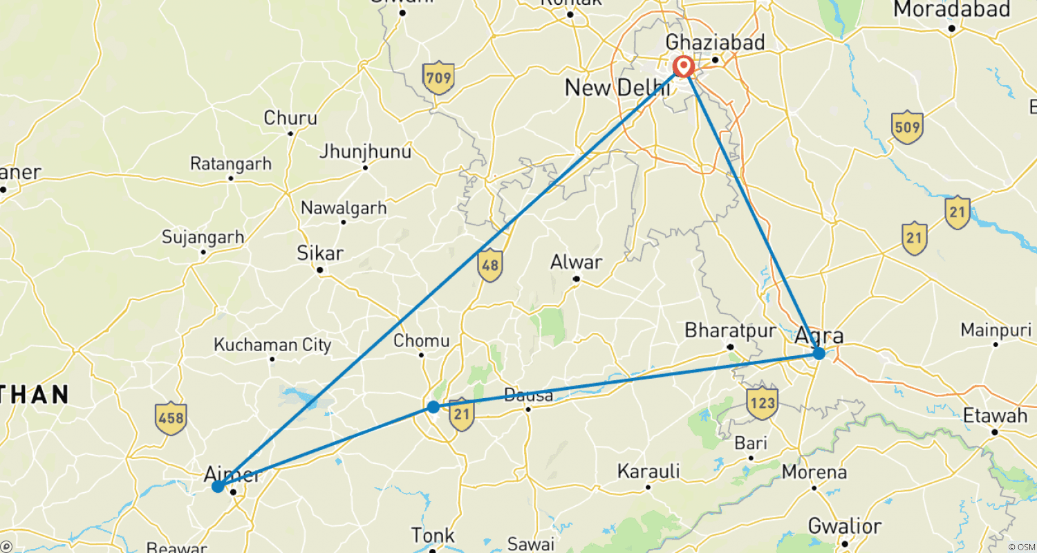 Mapa trasy: Golden triangle from Delhi with Pushkar