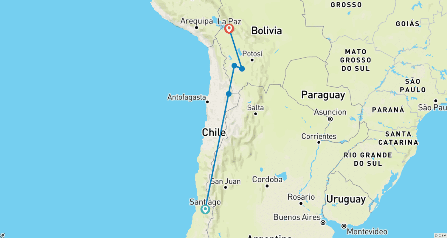 Mapa do percurso de Cores dos Andes: De Santiago a Uyuni