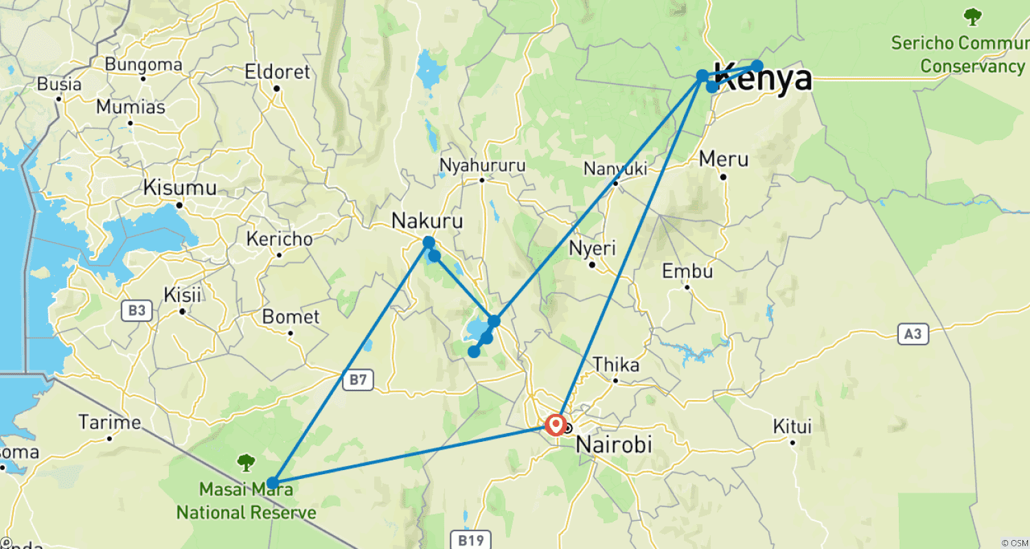 Mapa do percurso de 7 Dias de Safári Incrível para os Parques Maasai Mara, Nakuru, Naivasha e Samburu com traslado gratuito do aeroporto e acomodação na primeira noite no After 40 hotel em Nairóbi.
